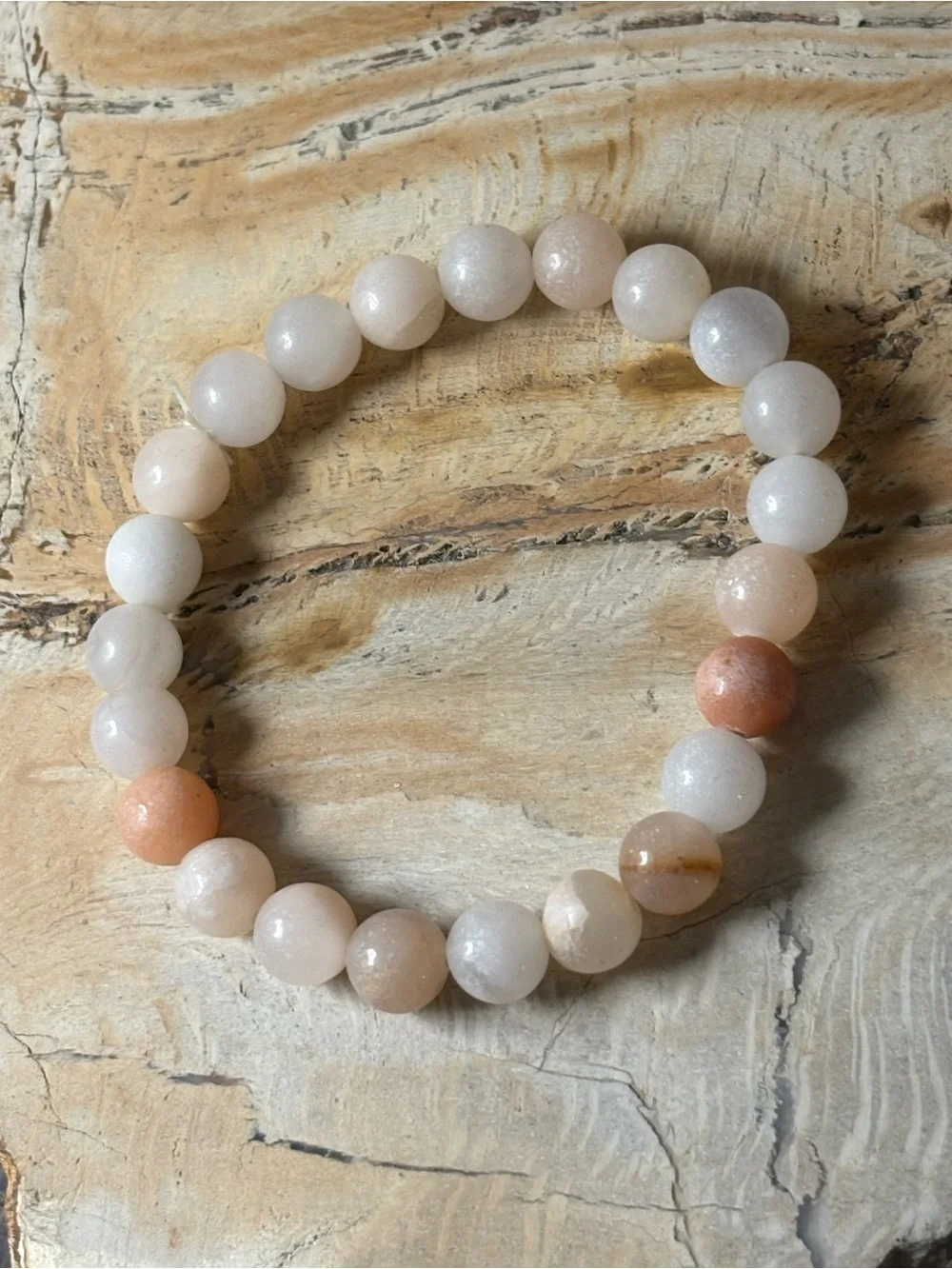 Hand Crafted Peach & White Adventurine Gemstone Beaded Stretch Bracelet